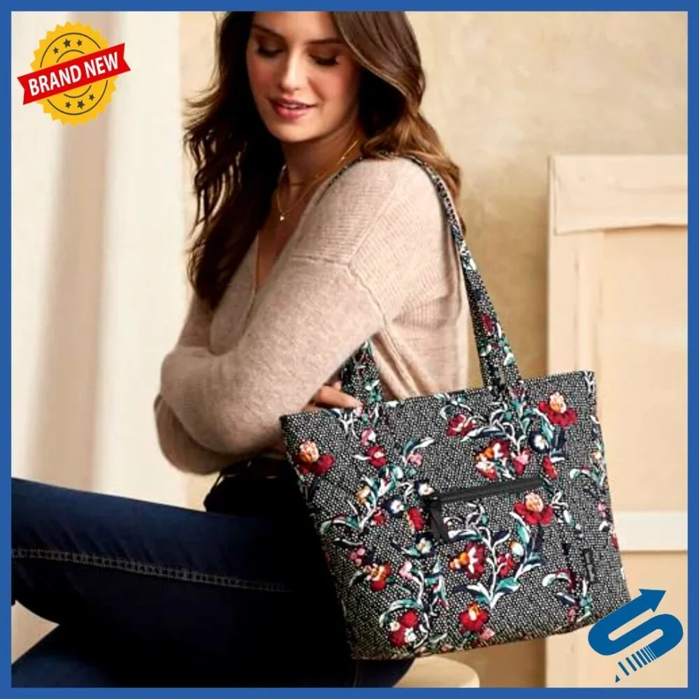 Small Quilted Cotton Tote Bag with Multiple Pockets, Machine Washable